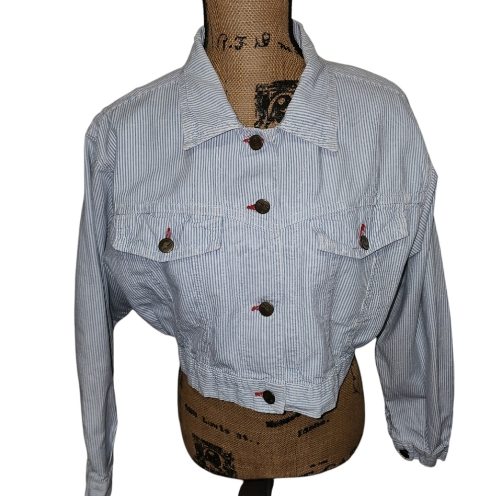 Vintage 90s Sunset Blues By Chic Cropped Striped Jean Jacket MEDIUM Bohowestern
